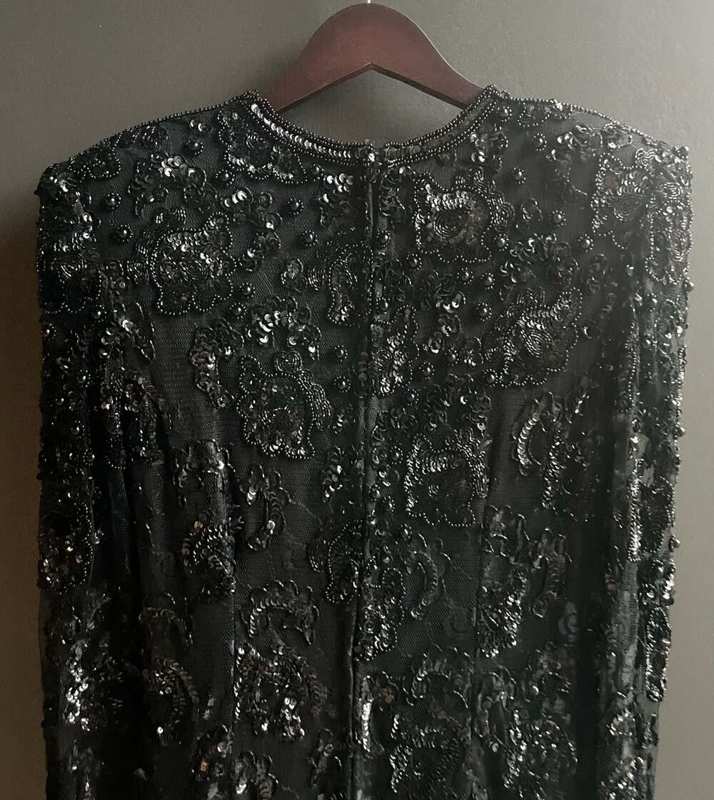 VTG 80s Judith Ann Creations Bead & Sequin Black Drop Waist Cocktail Dress Sz Sm - Picture 7 of 13